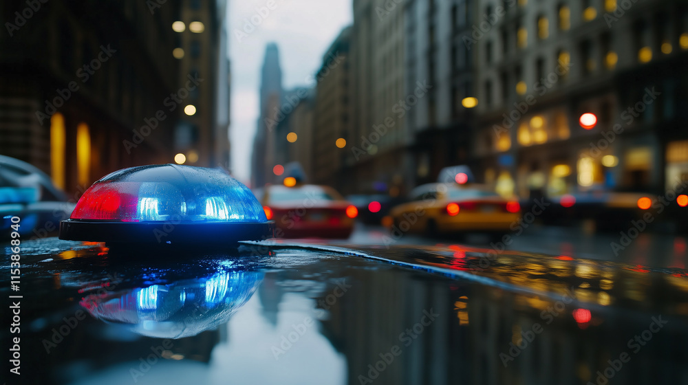 Close-up of police car lights reflecting on wet asphalt with blurred city buildings and traffic in the background, creating an urban atmosphere of a chaotic and dynamic city environment at night. Close-up of police car lights reflecting on wet asphalt with blurred city buildings and traffic in the background, creating an urban atmosphere of a chaotic and dynamic city environment at night.