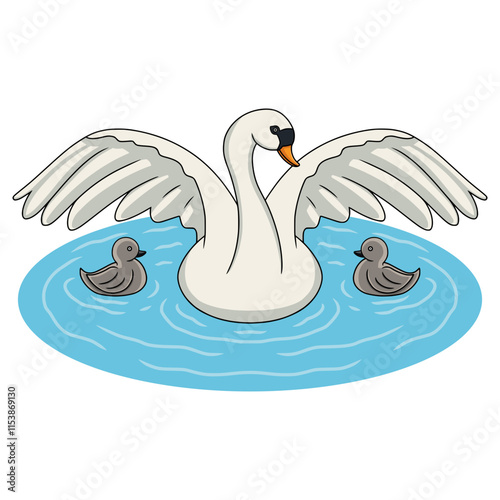 A White Swan With Its Wings Spread Wide Swimming In The Water With Two Goslings, Vector Illustration