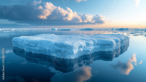 Calm frozen sea surface resembling a vast mirror reflecting the colorful sky, with large floating ice floes like massive sculptures drifting slowly in the serene ocean. photo