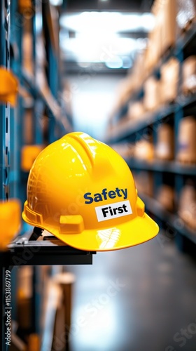 Warehouse aisle safety concept. A bright yellow hard hat labeled 