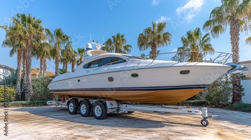 Luxury yacht on trailer with palm trees in tropical setting