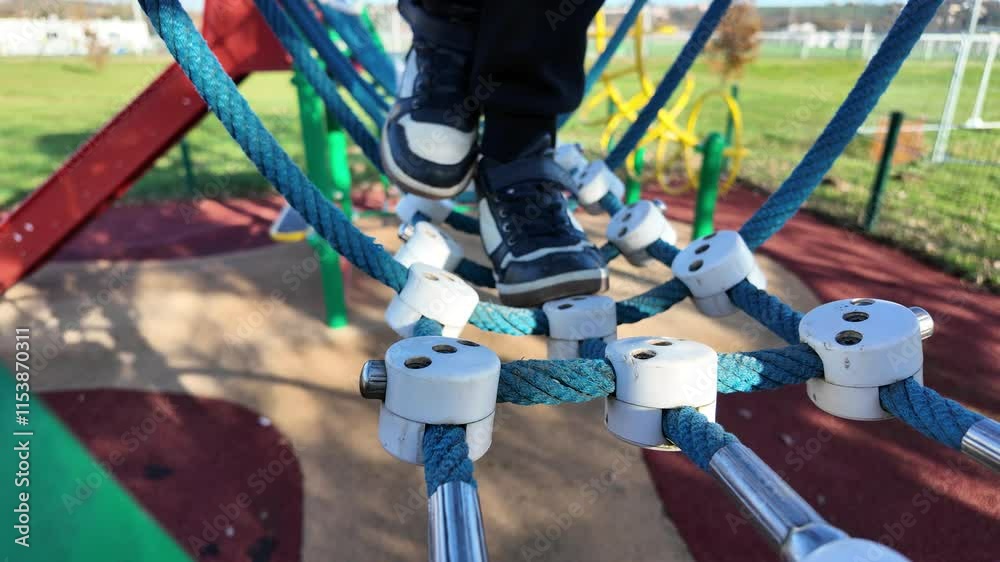 ENFANT QUI MARCHE SUR UN PONT SUSPENDU D'UN PARC DE JEU ENFANT QUI MARCHE SUR UN PONT SUSPENDU D'UN PARC DE JEU