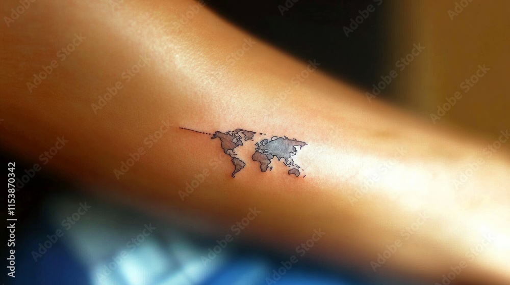 Obraz premium Small world map tattoo on woman wrist. Travel and world tour concept
