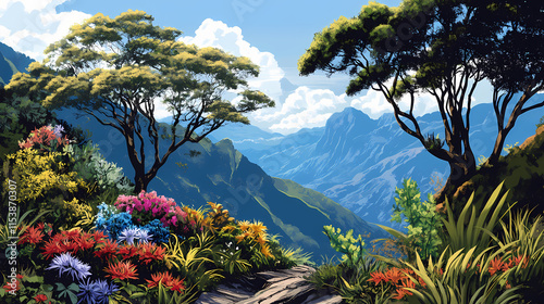 Trees with senecio foliage, lobelias, and everlastings in the rwenzori national park, uganda. Crevasse. Illustration photo