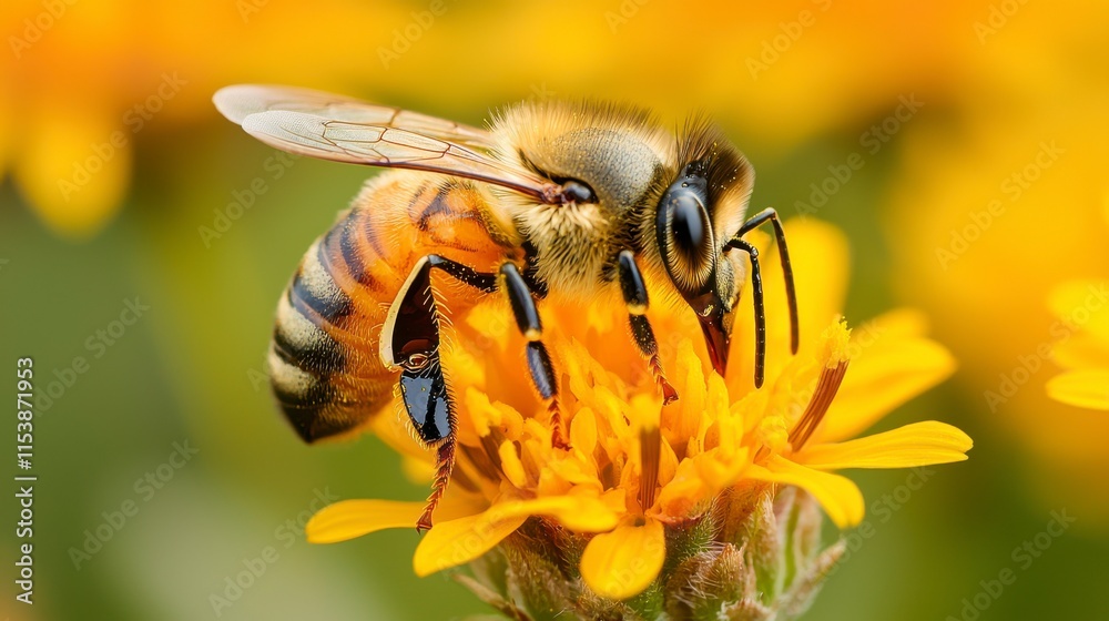 Close-Up of a Honeybee Pollinating a Vibrant Yellow Flower Under Natural Light During Spring Season for Nature and Wildlife Photography Close-Up of a Honeybee Pollinating a Vibrant Yellow Flower Under Natural Light During Spring Season for Nature and Wildlife Photography