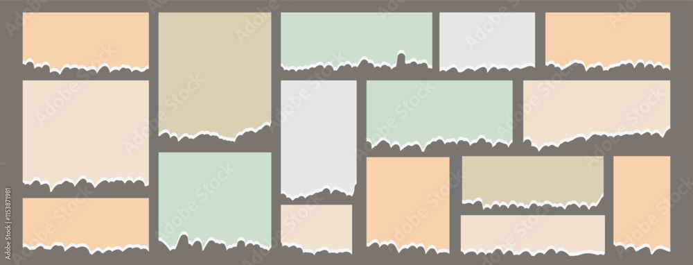 Set of torn paper sheet ripped strips. Torn notebook page or scrap note with damaged border. Sticky newspaper clip art. Vector illustration