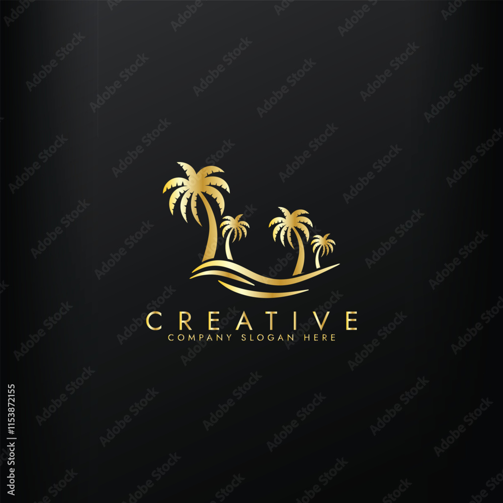 Obraz premium Palm tree wave travel logo, Wave beach palm logo design icon combination Vector illustration