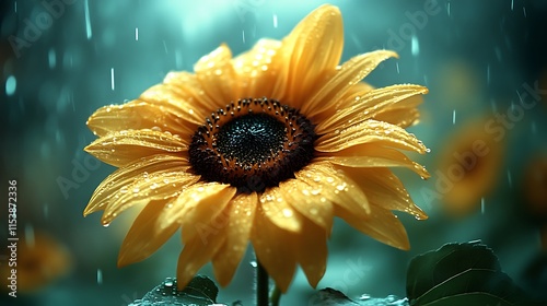 Rain-soaked sunflower in bloom.