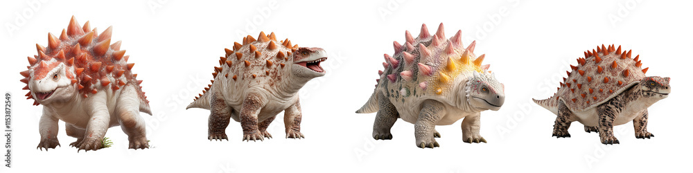 Realistic Rendering of Four Unique Dinosaur Creatures with Spiked Backs and Distinctive Features in a Natural Setting Realistic Rendering of Four Unique Dinosaur Creatures with Spiked Backs and Distinctive Features in a Natural Setting
