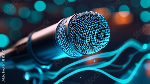 Close-Up View of a Microphone Shining in Colorful Bokeh Background with Abstract Light Lines photo