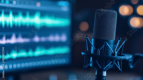 Professional Microphone in Home Studio with Audio Waveform Display for Music Recording, Voiceover, Podcasting, and Online Streaming Activities