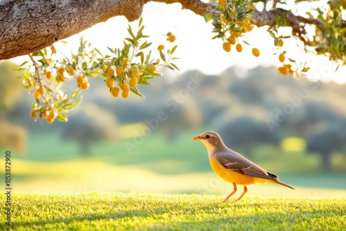 Fincas andaluzas con campos vastos y un pájaro posado entre los olivos photo