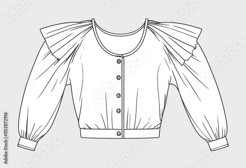 Fashion Illustration of Puff Sleeve Blouse with Detailed Technical Drawing and Iconic Vector Elements