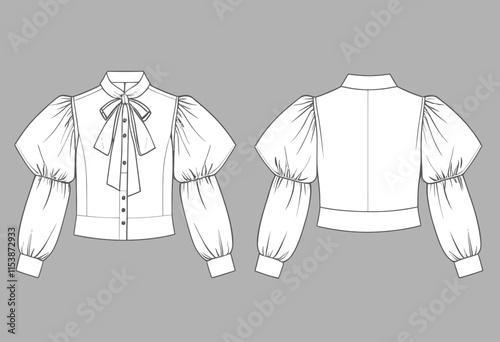 Chic Puff Sleeve Blouse Technical Illustration Template for Fashion Projects - Vector Icons Included