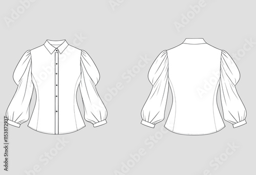 Elegant Puff Sleeve Blouse Flat Sketch Design for Fashion Illustrators - Comprehensive Front and Back Views