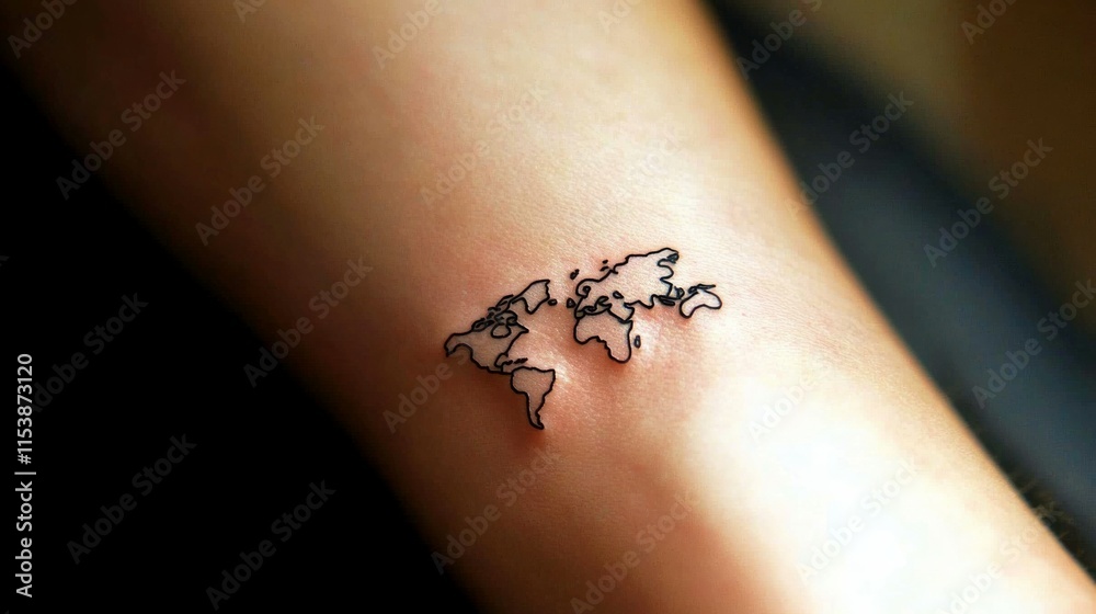 Obraz premium Small world map tattoo on woman wrist. Travel and world tour concept