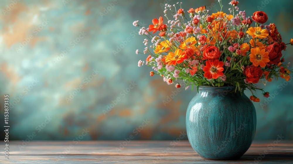 Vibrant autumn flowers in a teal vase on a wooden table against a textured background. Vibrant autumn flowers in a teal vase on a wooden table against a textured background.