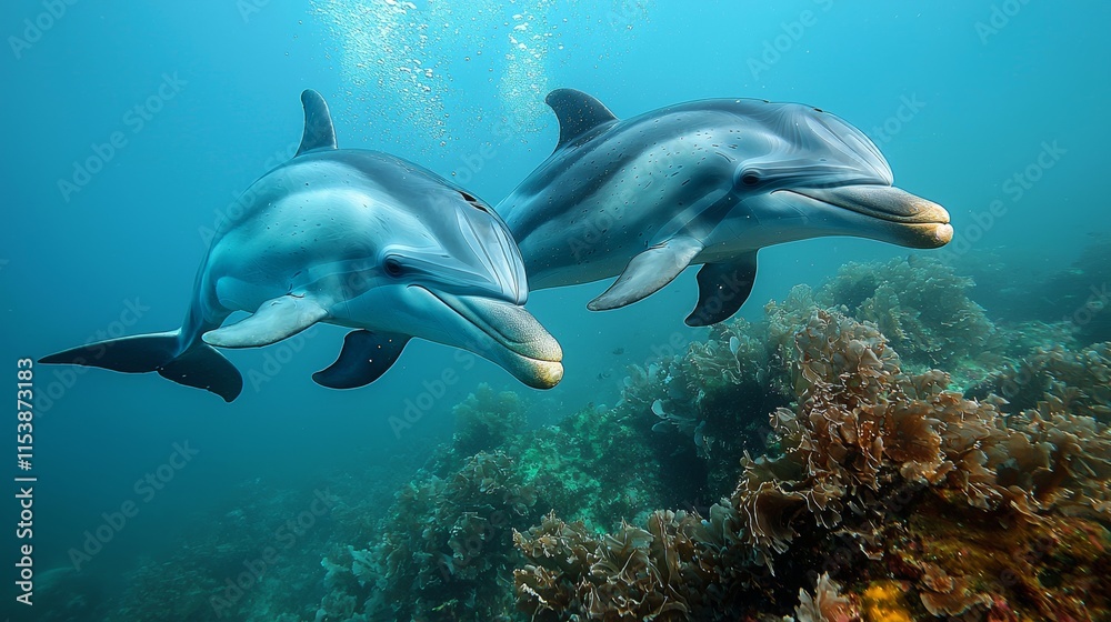 Obraz premium Playful dolphins swimming among vibrant coral reefs underwater