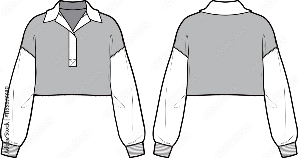 
Technical flat sketch of Half placket crop sweatshirt. Collared oversize top with drop shoulder. Pullover and popover.