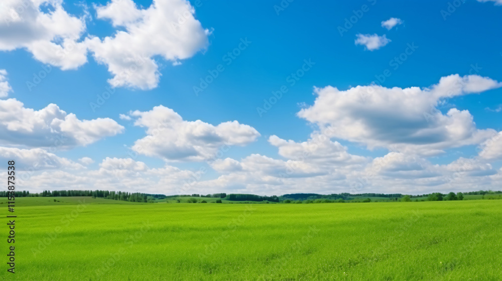 Obraz premium Expansive green field with a clear blue sky and fluffy clouds.Warm, comfortable, happy atmosphere, Generative ai