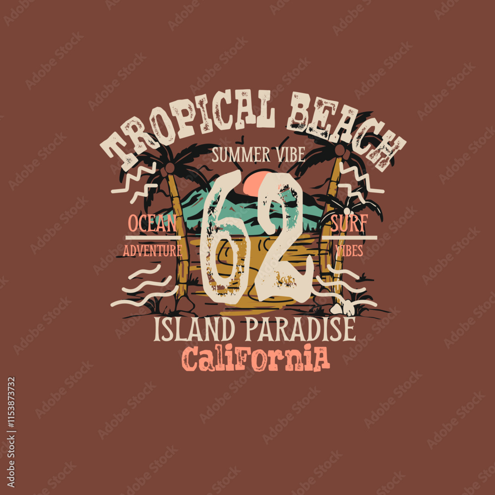 Fototapeta premium Tropical Beach Island California summer print graphic tee