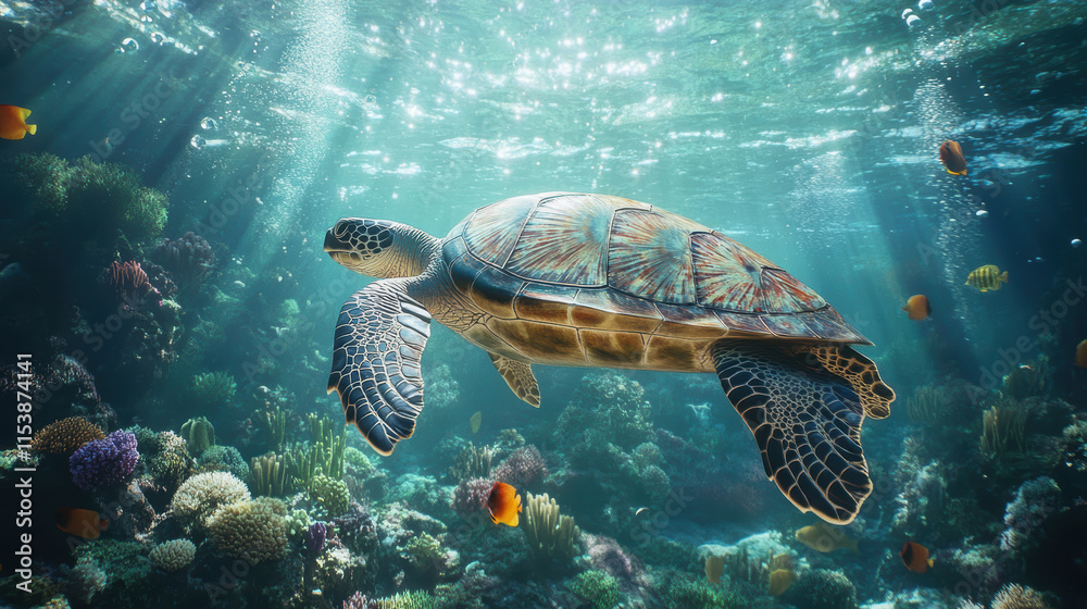 Fototapeta premium serene underwater scene featuring turtle swimming gracefully through vibrant coral reef, illuminated by sun rays filtering through water, showcasing marine life