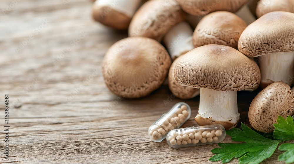 Fresh brown mushrooms on wooden surface with herbal capsules showcasing the blend of nature and health, promoting wellness and nutritious food options for a healthy lifestyle. Fresh brown mushrooms on wooden surface with herbal capsules showcasing the blend of nature and health, promoting wellness and nutritious food options for a healthy lifestyle.