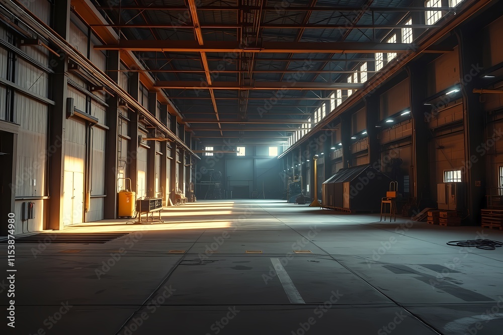 Naklejka premium Industrial Warehouse Interior: A wide-angle shot of a vast and industrial space, bathed in soft morning light, showcasing the raw and powerful beauty of a modern warehouse. The concrete floor.