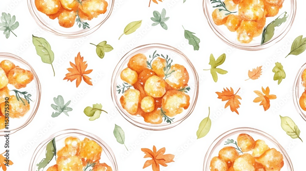 Boho winter food pattern of icy aloo gobi, delicate earthy watercolor, isolated on white background