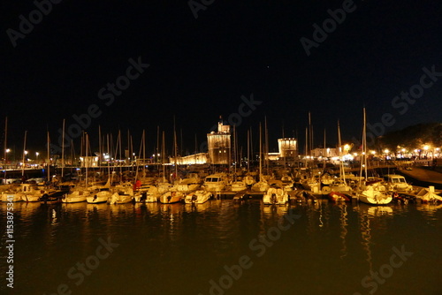 La Rochelle old port (Vieux Port) lit up at night, showing Tour Saint Nicholas (on the left) and Tour de la Chaine (on the right) guarding the entrance to the harbour
 photo