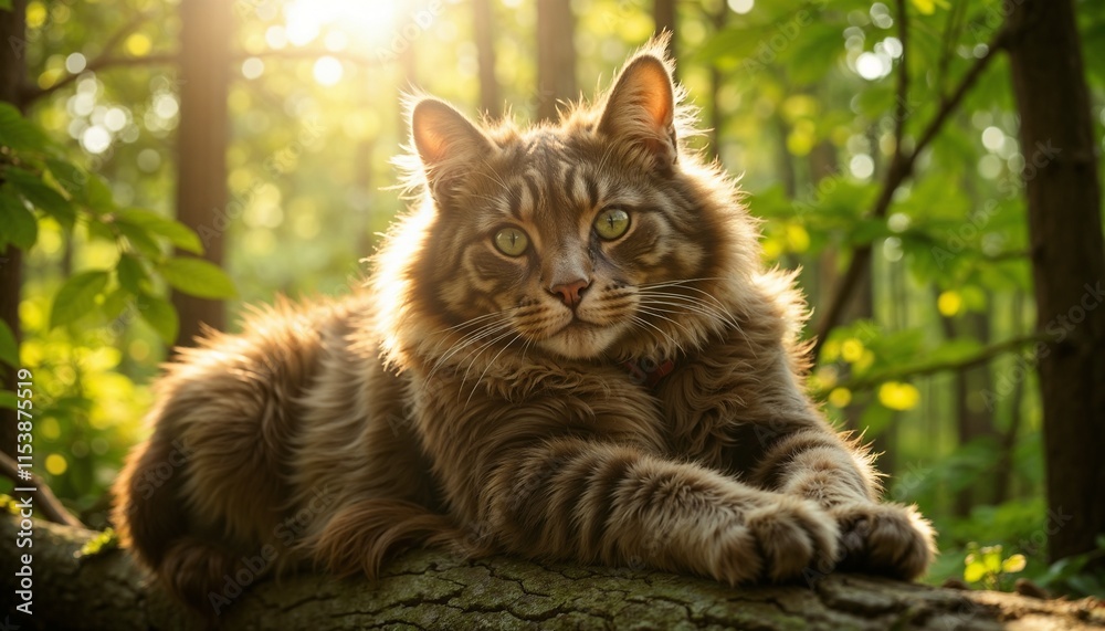 Norwegian Forest Cat Relaxing on Tree in Sunlit Forest Norwegian Forest Cat Relaxing on Tree in Sunlit Forest