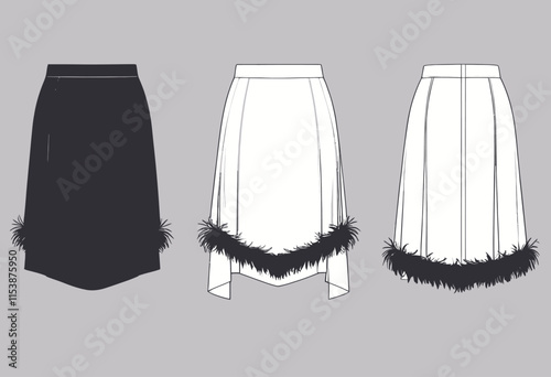 Unique Slip Skirt with Feather Accent: Detailed Flat Sketch Fashion Illustration Template for Innovative Designers 