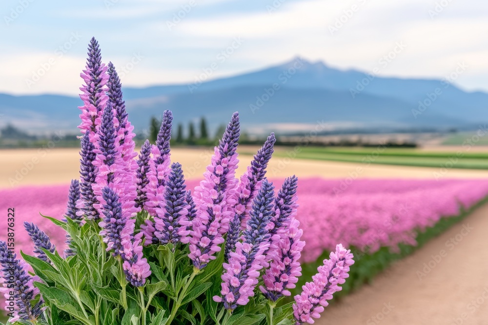 Obraz premium Fachadas de colores cálidos reflejando la belleza de un campo de flores y montañas al fondo