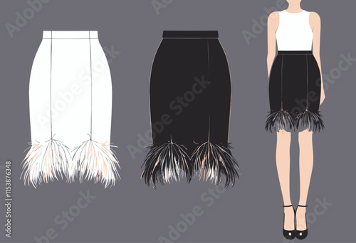 Artistic Slip Skirt with Feather Trim: High-Quality Vector Fashion Illustration for Creative Projects and Mockups
