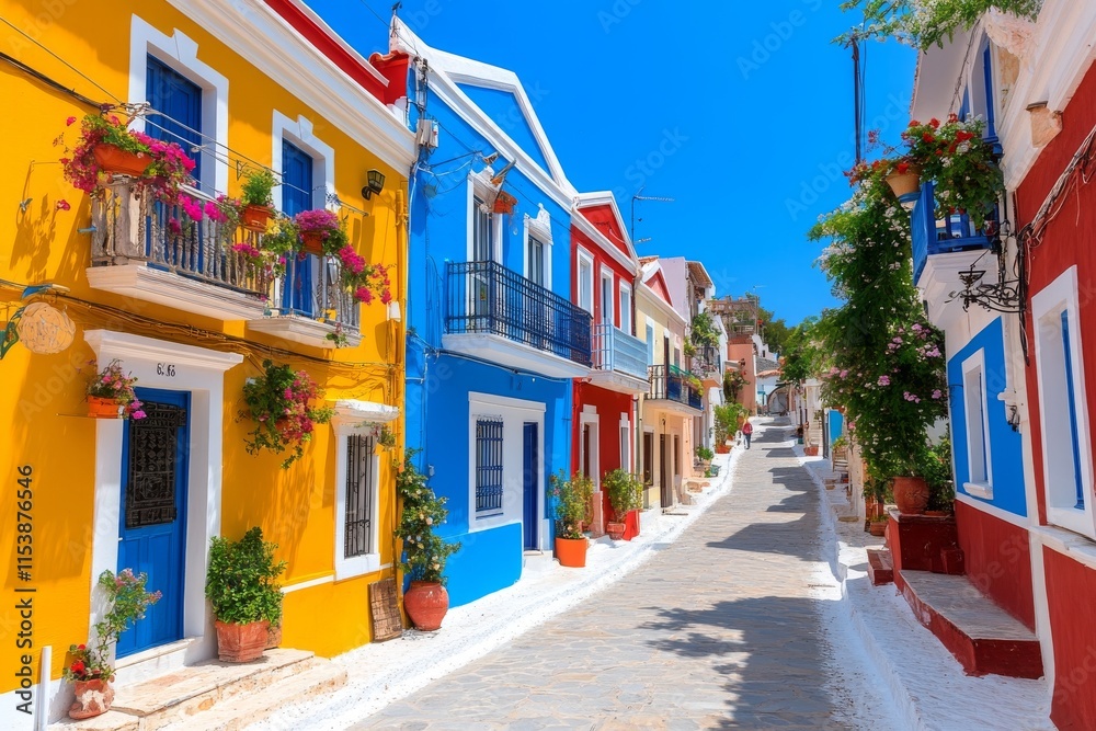 Fototapeta premium Fachadas coloridas de casas mallorquinas adornadas con flores en un día soleado