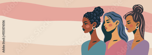 Three women of different races stand together, symbolizing the protection of women's rights and freedoms, empowerment. Women's Day. Feminism. Use for women's projects, websites, postcards, advertising