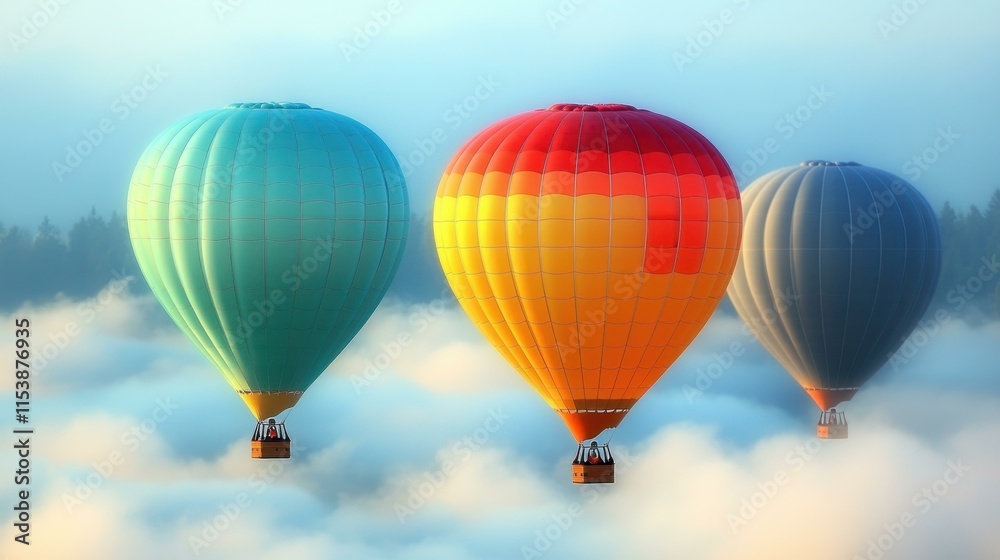 Naklejka premium Three colorful hot air balloons floating above white clouds at sunrise for travel adventure tourism scenic landscape background blue sky calm atmosphere