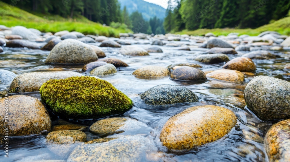 Tranquil River Scene with Smooth Pebbles, Lush Greenery, and Mountainous Backdrop in a Serene Natural Landscape Under Bright Blue Sky Tranquil River Scene with Smooth Pebbles, Lush Greenery, and Mountainous Backdrop in a Serene Natural Landscape Under Bright Blue Sky
