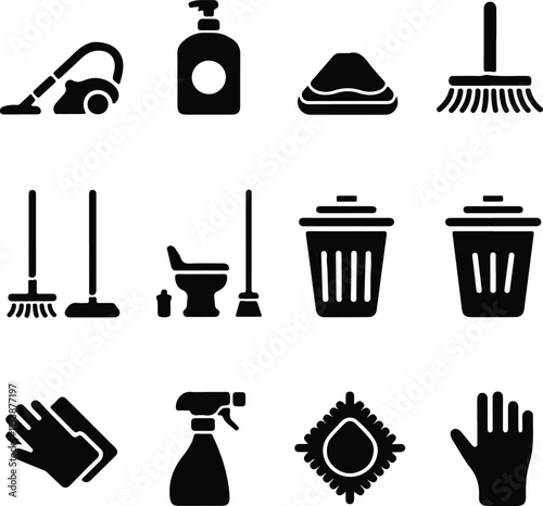 cleaning equipment icon set over white background, silhouette style, vector illustration