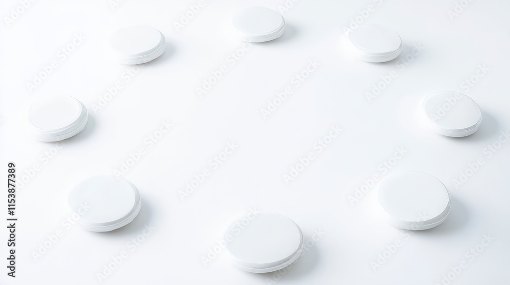 A minimalist arrangement of nine white circular objects in a circular formation on a white background. A minimalist arrangement of nine white circular objects in a circular formation on a white background.