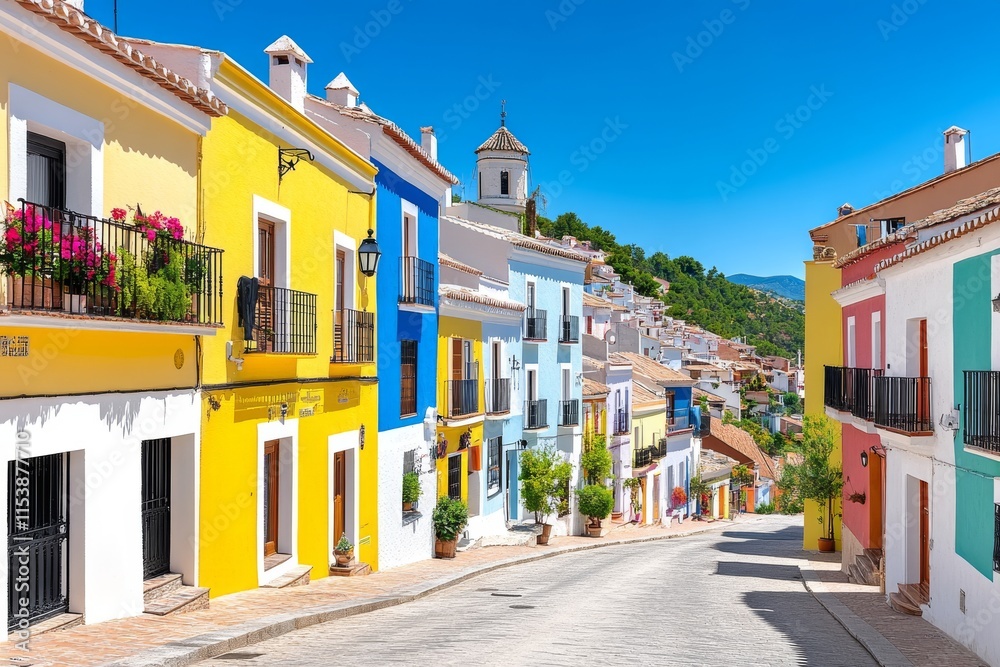Fototapeta premium Fachadas blancas e intensos colores en calles de un encantador pueblo español en un día soleado