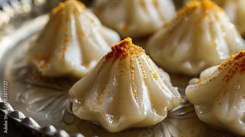 Closeup of a modak sweet on a metal platter that has a fresh appearance photo