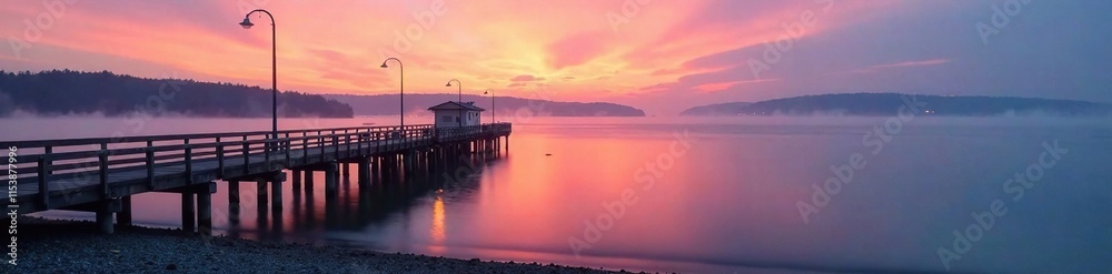 Fishing pier at dawn with mist rising over the Halifax river, fishing pier, shore, halifax river Fishing pier at dawn with mist rising over the Halifax river, fishing pier, shore, halifax river