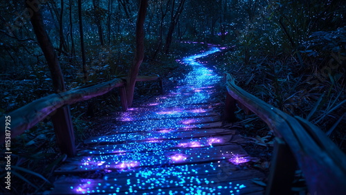 Fototapeta Naklejka Na Ścianę i Meble -  Dark magical forest with purple glowing path, fantasy style