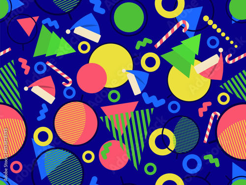 Christmas seamless pattern with geometric shapes in 80s style. Festive pattern with fir trees, lollipops, Christmas balls and Santa hats. Design for banners, wrappers and covers. Vector illustration