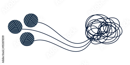 Three tangles chaotically tangled together. Chaos and order. Tangled jangle, Tangled thoughts. Counselling, therapy, psychology, support concept. Coaching, mentoring or psychotherapy. Problem solving.
