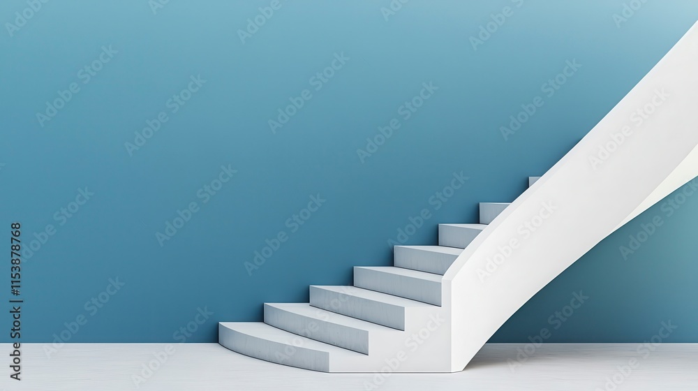 Obraz premium Modern Design of Curved Staircase Against a Soft Blue Wall in an Elegant Indoor Space Showcasing Minimalist Architecture and Contemporary Aesthetics