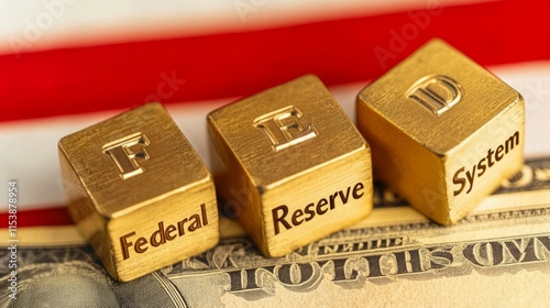 FED symbol. Copy space. Concept word FED on wooden blocks with dollar notes on the background. Federal Reserve System