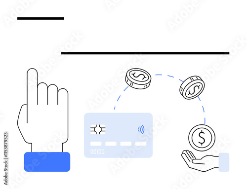 Finger pressing button on card, coins transferring to hand, promoting ease of transactions. Ideal for finance, banking, e-commerce, technology, cashless payments, online shopping financial freedom