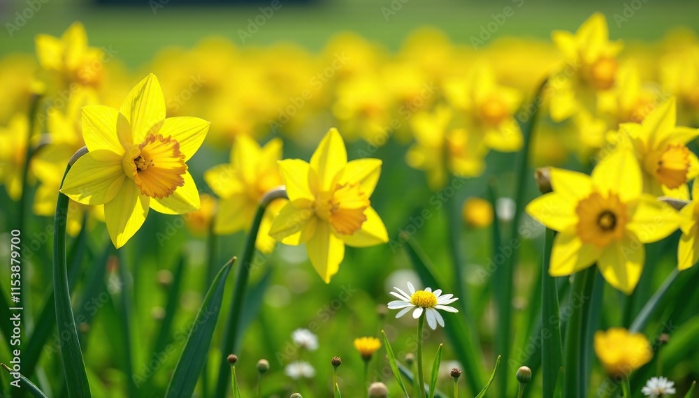 Fototapeta premium A field of bright yellow daffodils amidst a sea of green grass and wildflowers, yellow, meadow